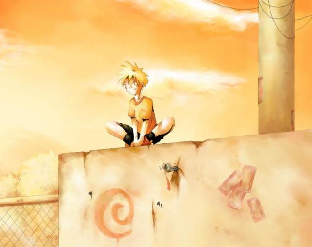 Smiling Naruto Sitting  on a wall